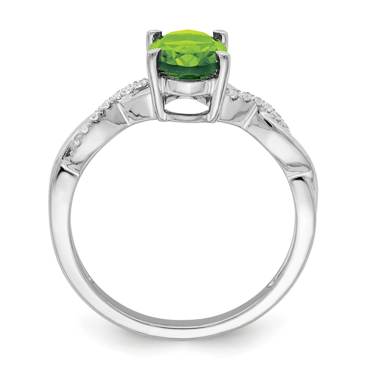14k White Gold Oval Peridot and Diamond Ring, Size 6