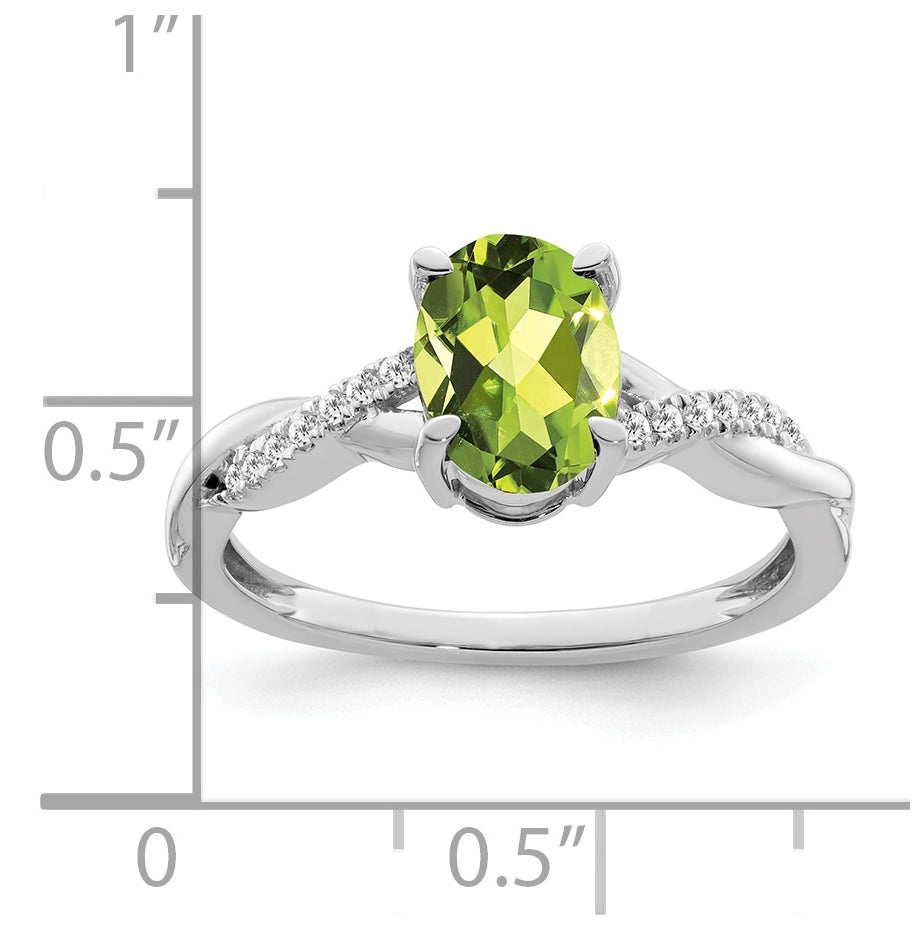 14k White Gold Oval Peridot and Diamond Ring, Size 6