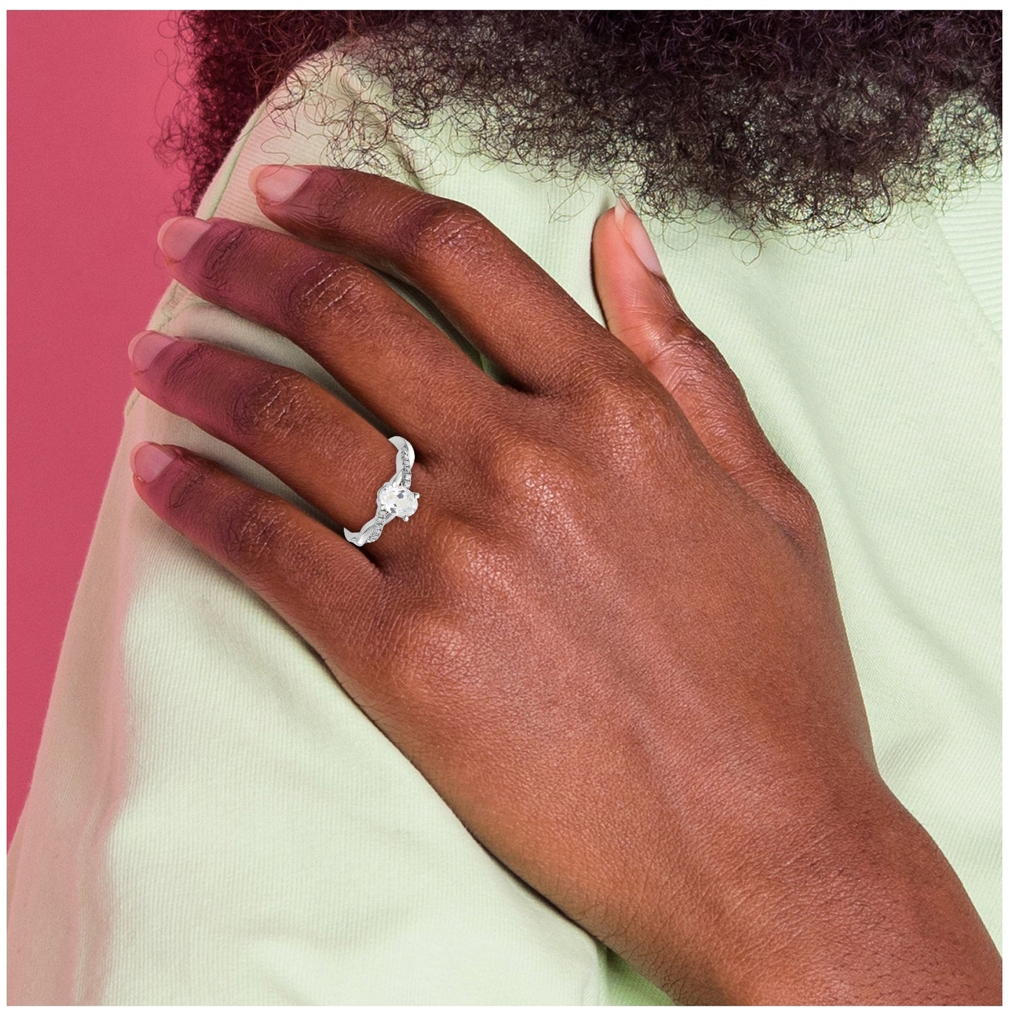 14K White Gold Oval White Topaz and Diamond Ring, Size 6