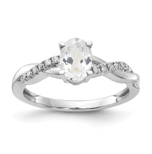 14K White Gold Oval White Topaz and Diamond Ring, Size 6