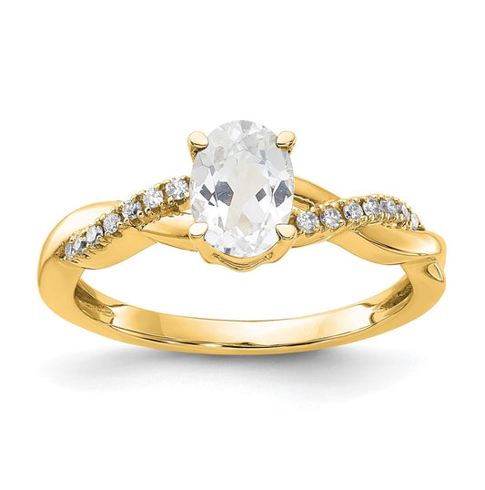 14K Yellow Gold Oval White Topaz and Diamond Ring, Size 6