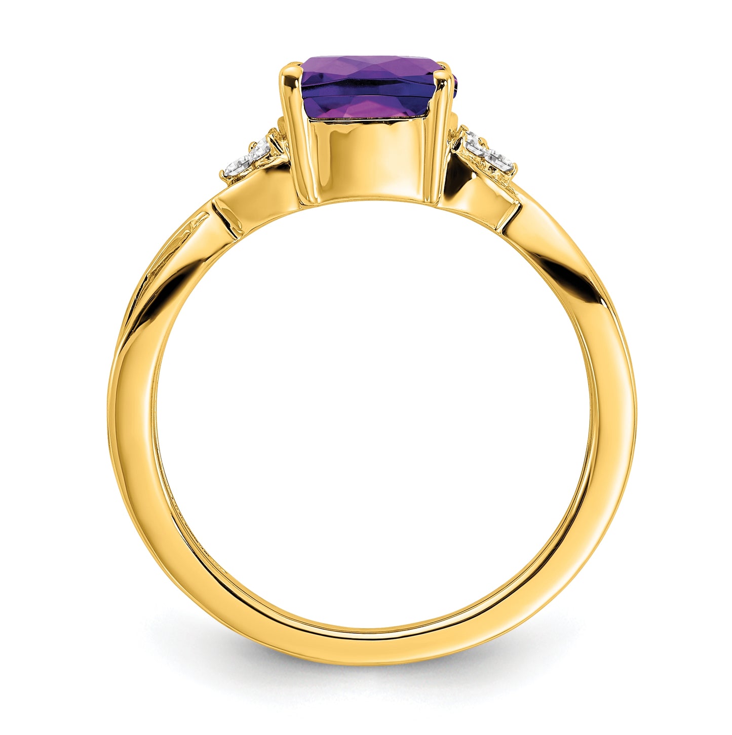 10K Yellow Gold Checkerboard Amethyst and Diamond Ring, Size 6