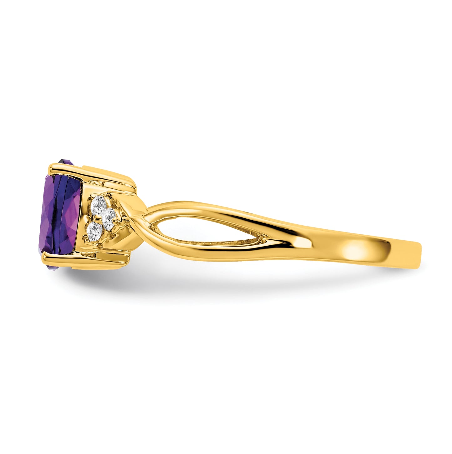 10K Yellow Gold Checkerboard Amethyst and Diamond Ring, Size 6