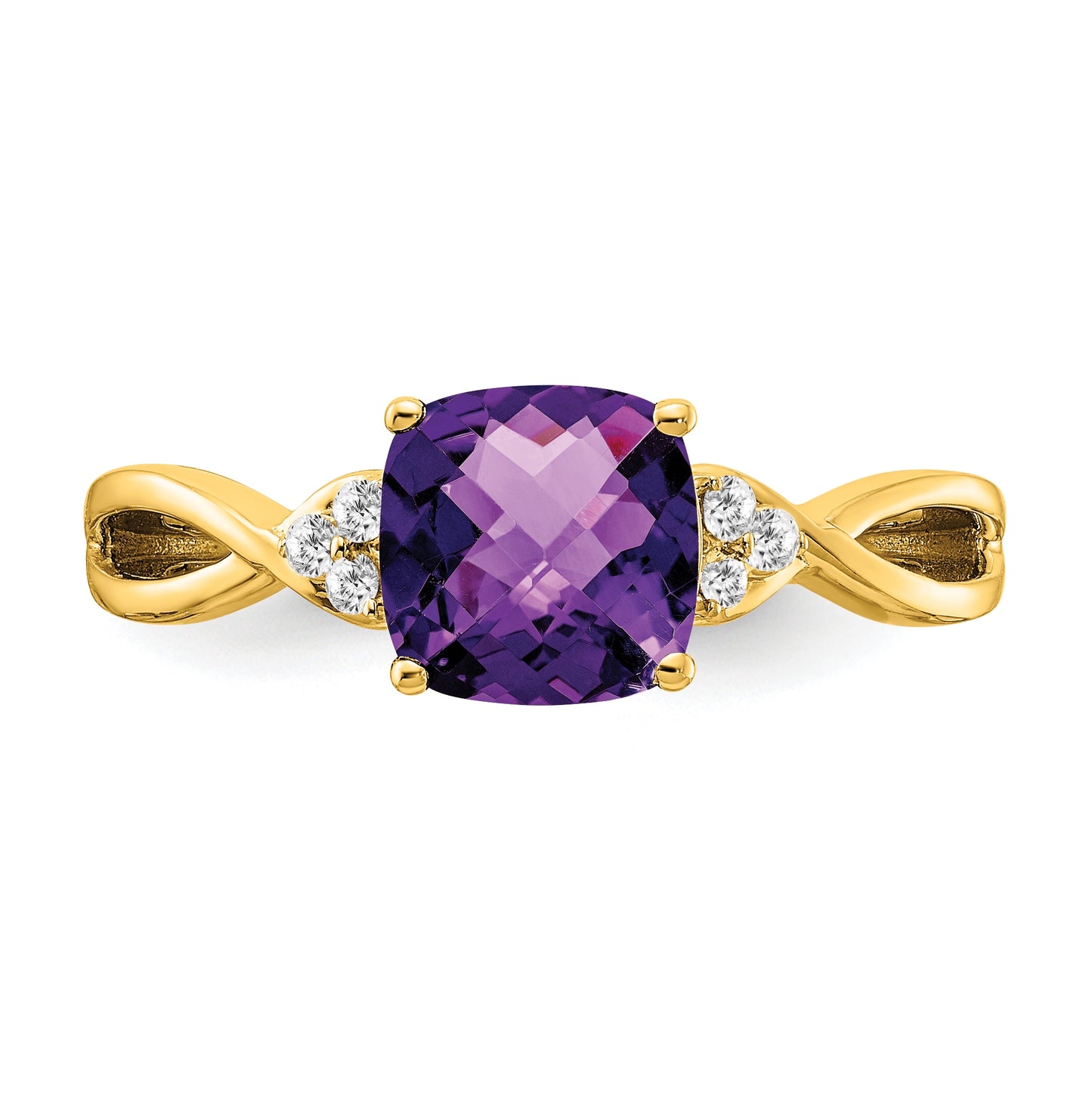 10K Yellow Gold Checkerboard Amethyst and Diamond Ring, Size 6