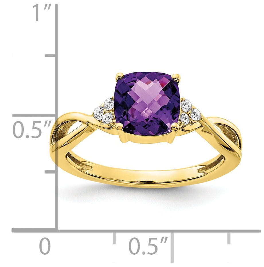 10K Yellow Gold Checkerboard Amethyst and Diamond Ring, Size 6