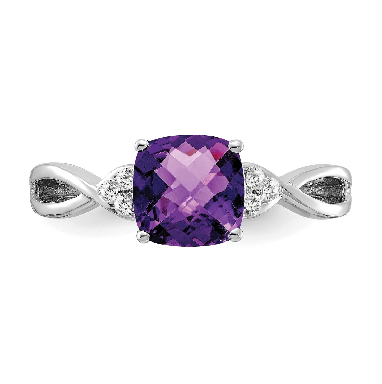 14K White Gold Checkerboard Amethyst and Diamond Ring, Size 6