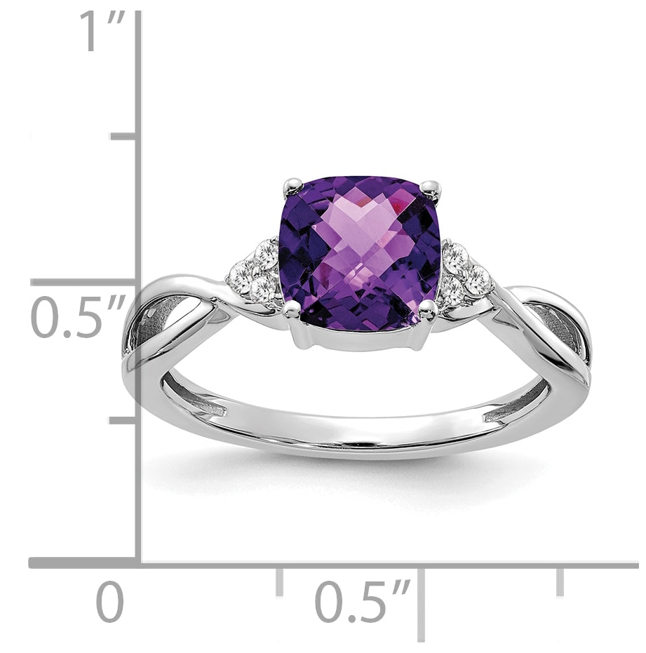 14K White Gold Checkerboard Amethyst and Diamond Ring, Size 6