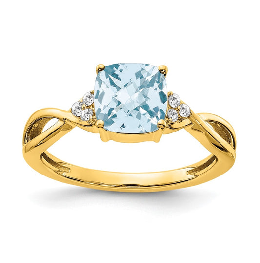 10K Yellow Gold Checkerboard Aquamarine and Diamond Ring, Size 7