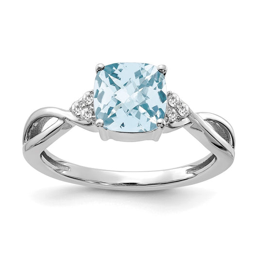 14k White Checkerboard Aquamarine and Diamond Ring, Size 7