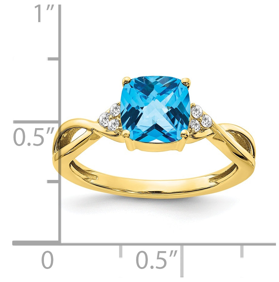 10K Yellow Gold Checkerboard Blue Topaz and Diamond Ring, Size 7