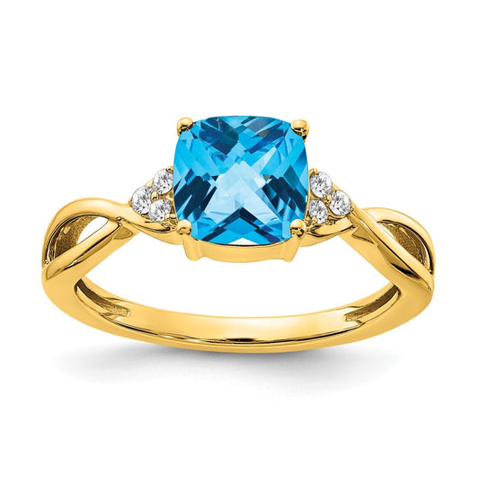 10K Yellow Gold Checkerboard Blue Topaz and Diamond Ring, Size 7