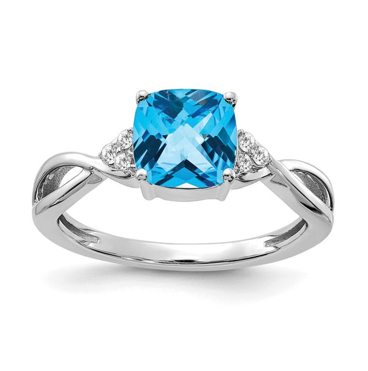 14K White Gold Checkerboard Blue Topaz and Diamond Ring, Size 7