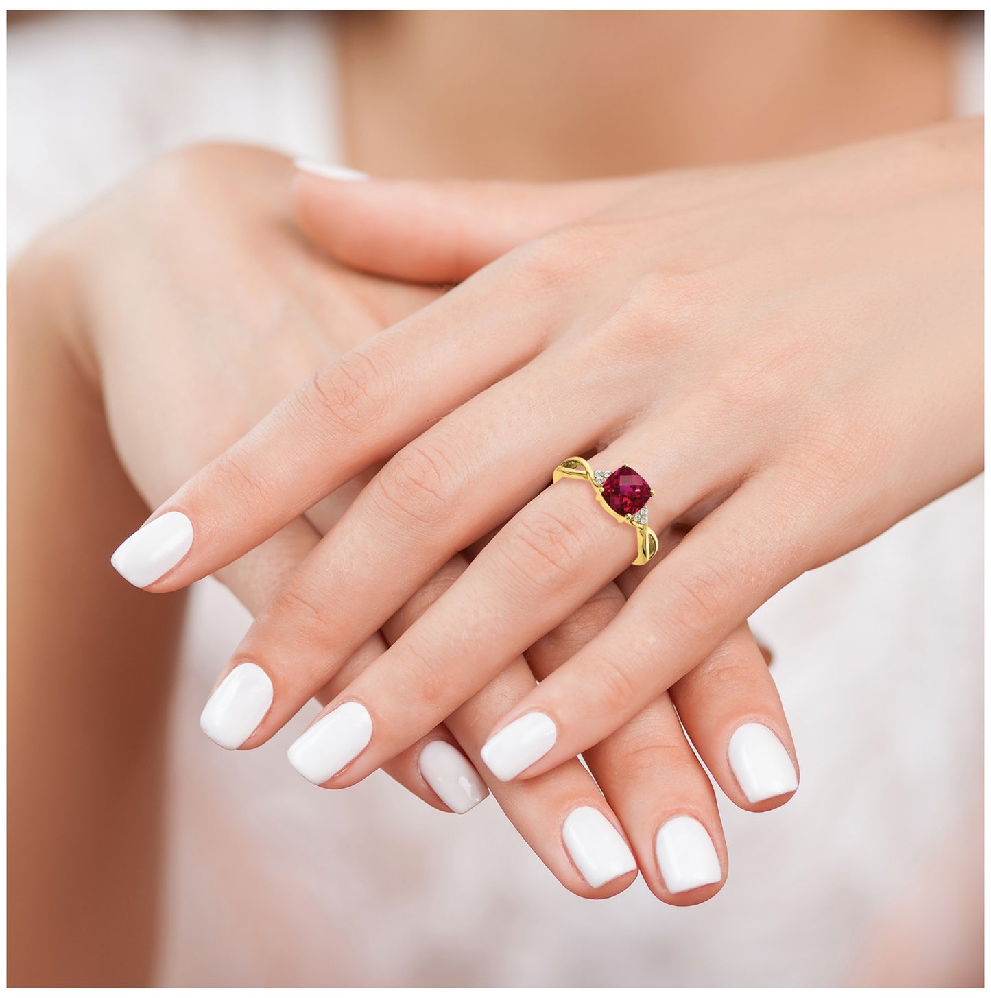 10K Yellow Gold Checkerboard Created Ruby and Diamond Ring, Size 7