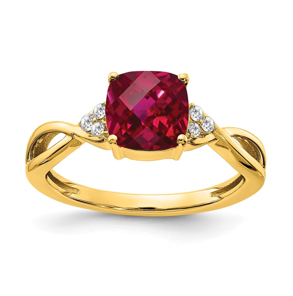 10K Yellow Gold Checkerboard Created Ruby and Diamond Ring, Size 7
