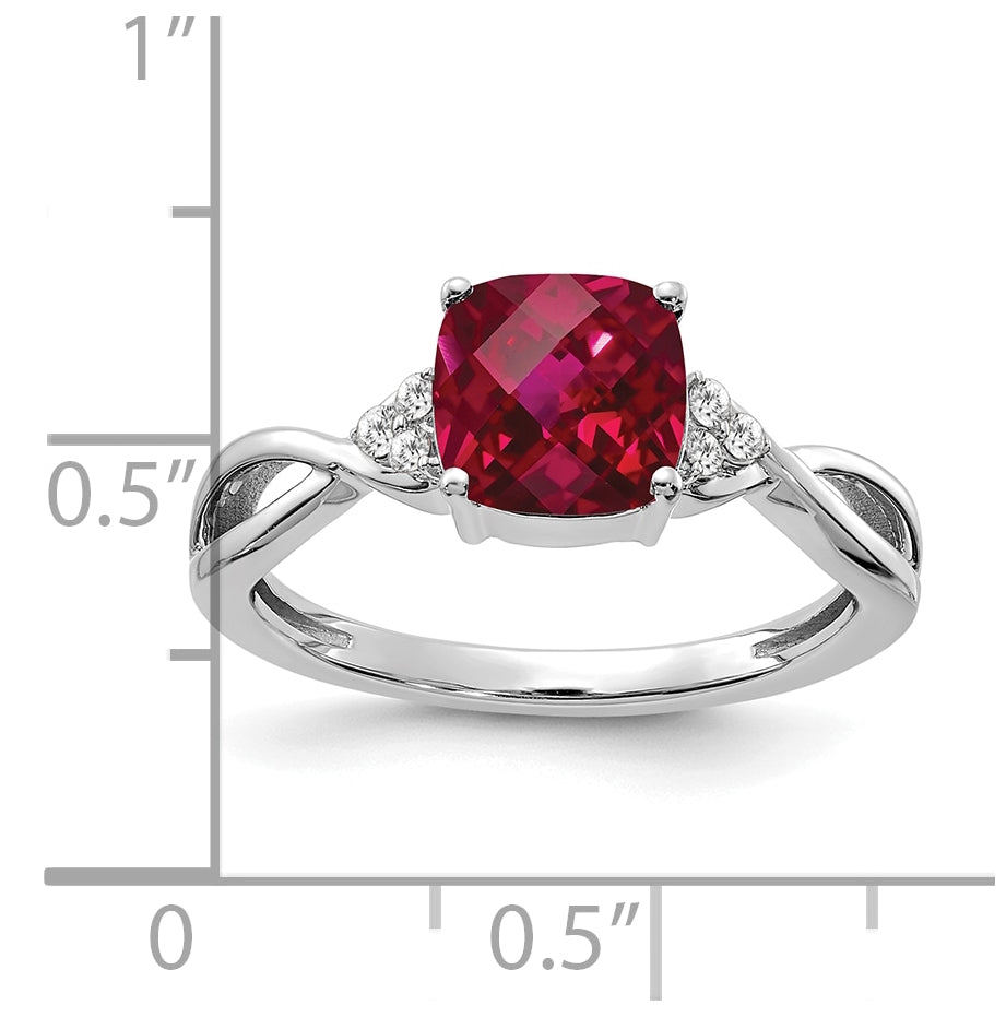 14K White Gold Checkerboard Created Ruby and Diamond Ring, Size 7