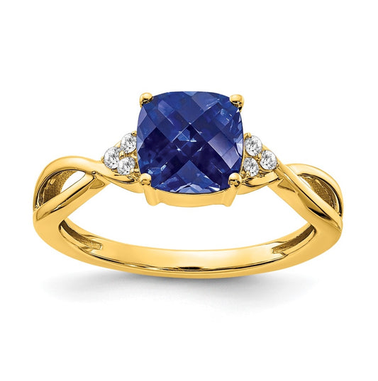 10K Yellow Gold Checkerboard Created Sapphire and Diamond Ring, Size 7