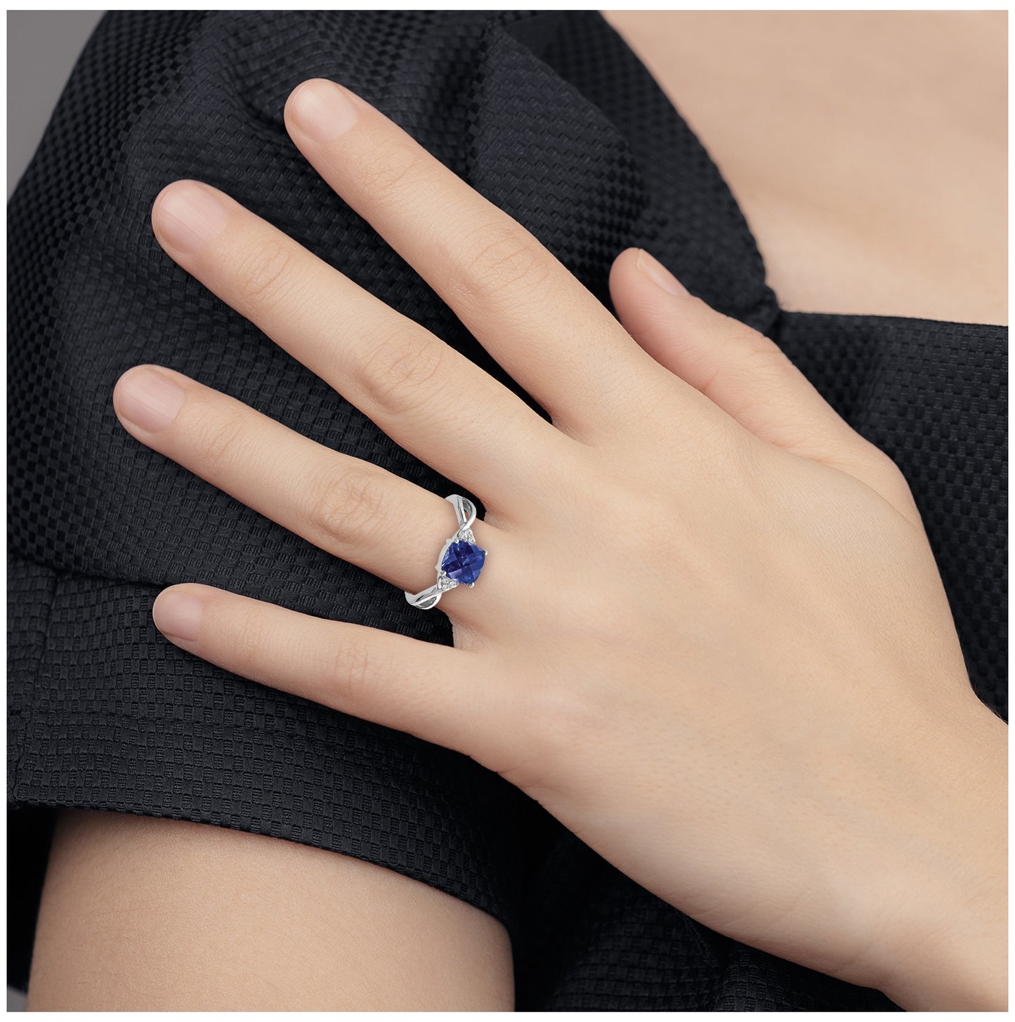 14K White Gold Checkerboard Created Sapphire and Diamond Ring, Size 7