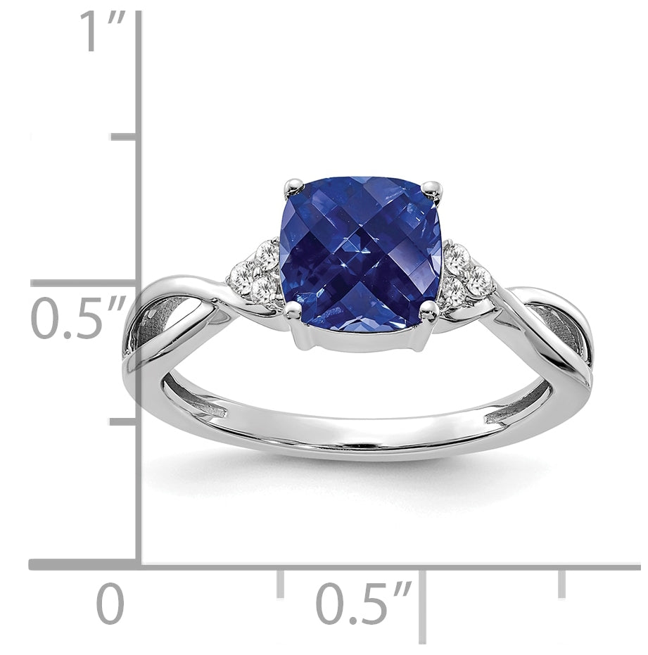 14K White Gold Checkerboard Created Sapphire and Diamond Ring, Size 7