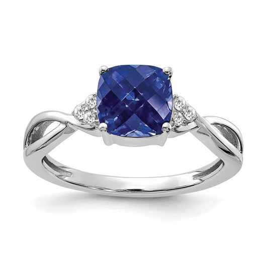 14K White Gold Checkerboard Created Sapphire and Diamond Ring, Size 7
