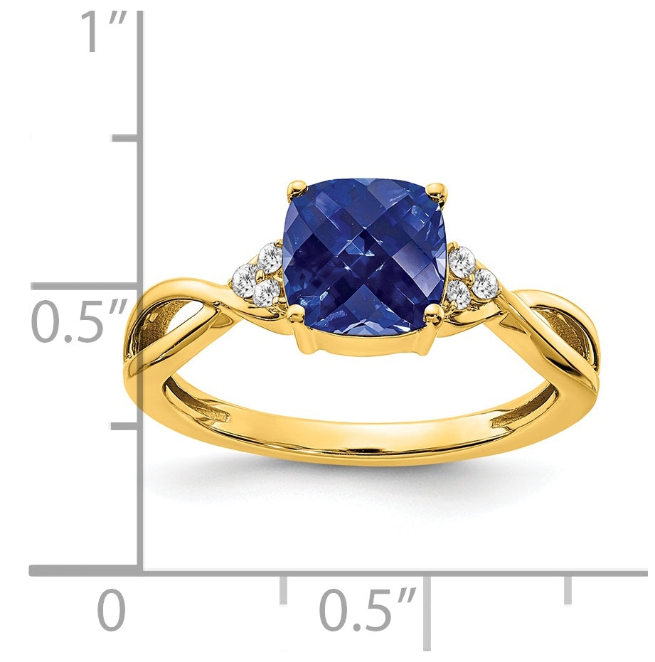 14K Yellow Gold Checkerboard Created Sapphire and Diamond Ring, Size 7