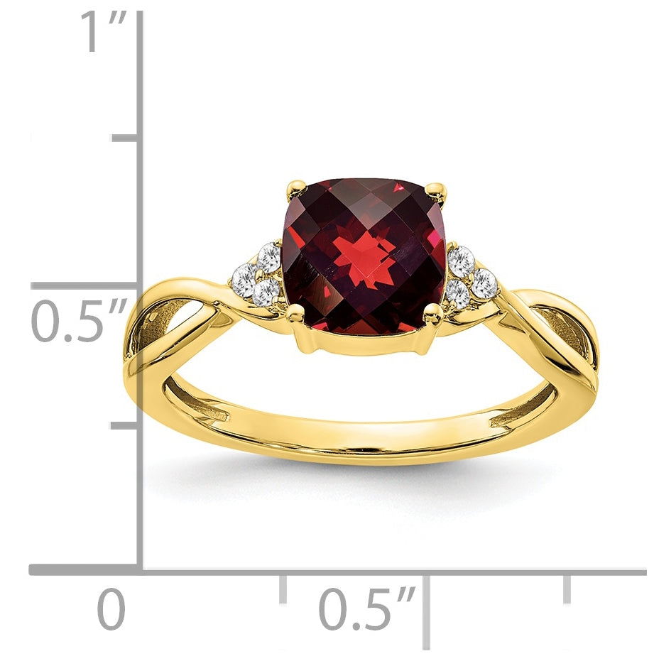 10K Yellow Gold Checkerboard Garnet and Diamond Ring, Size 7