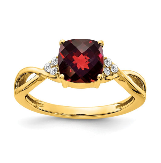 10K Yellow Gold Checkerboard Garnet and Diamond Ring, Size 7