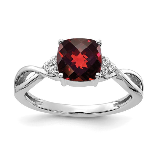 14K White Gold Checkerboard Garnet and Diamond Ring, Size 7