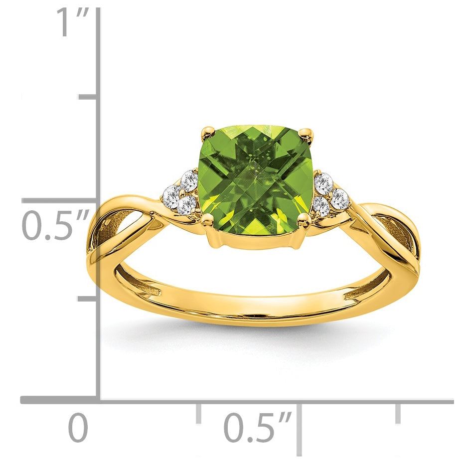 14K Yellow Gold Checkerboard Peridot and Diamond Ring, Size 7