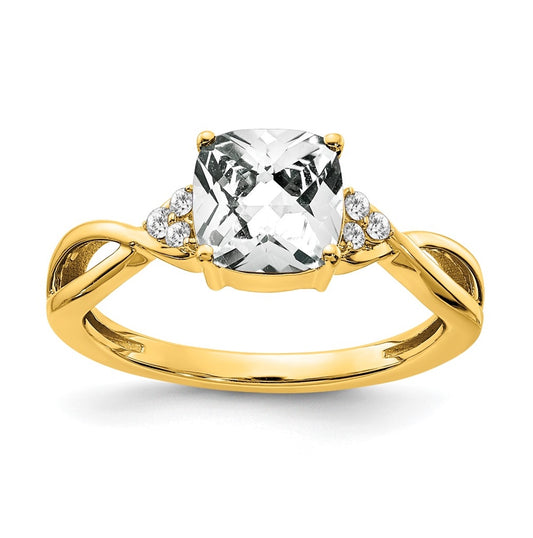 10K Yellow Gold Checkerboard White Topaz and Diamond Ring, Size 6