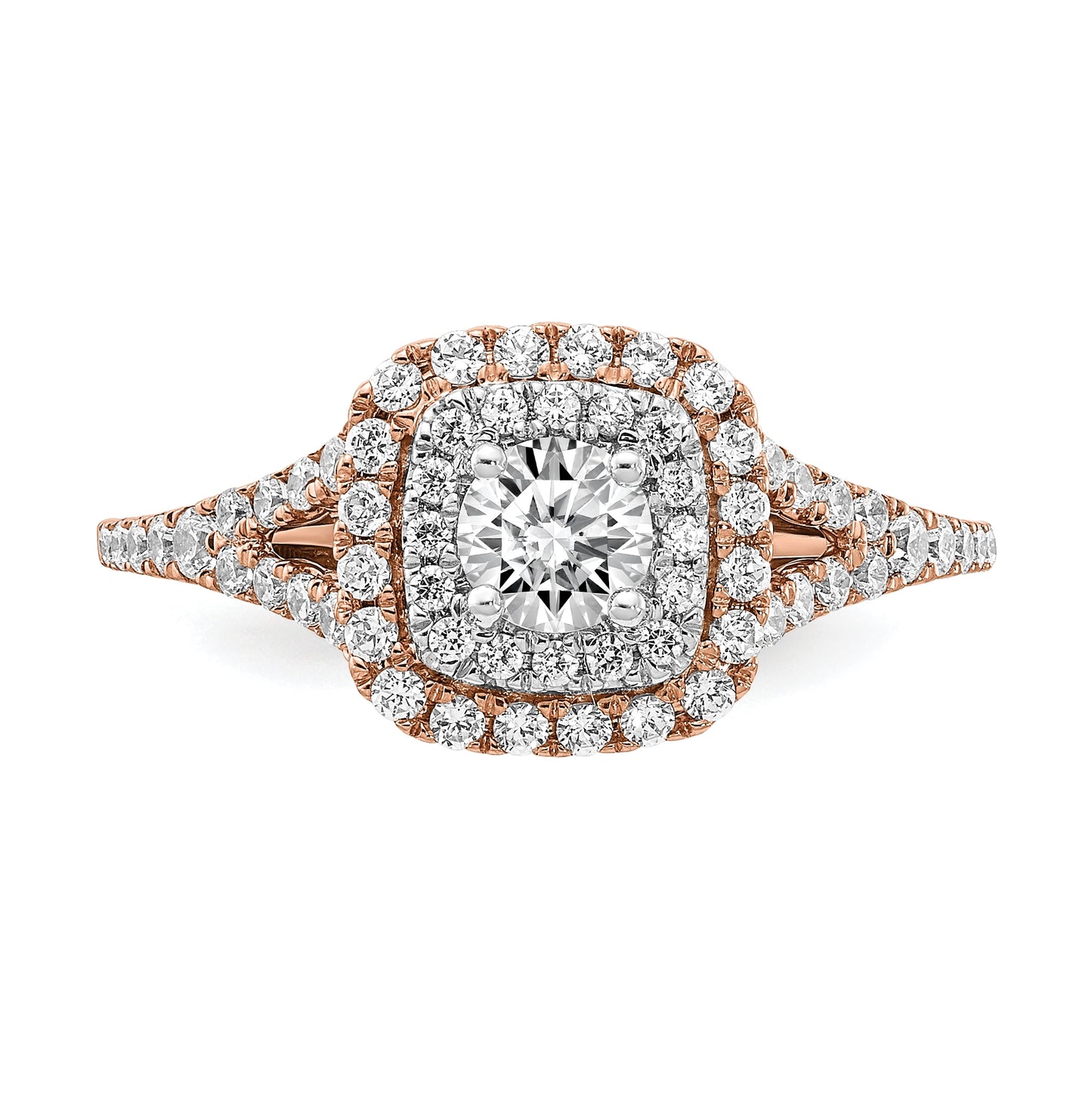 14k Rose and White Gold Double Halo (Holds 1/3 carat (4.5mm) Round Center) 1/2 carat Diamond Semi-mount Engagement Ring