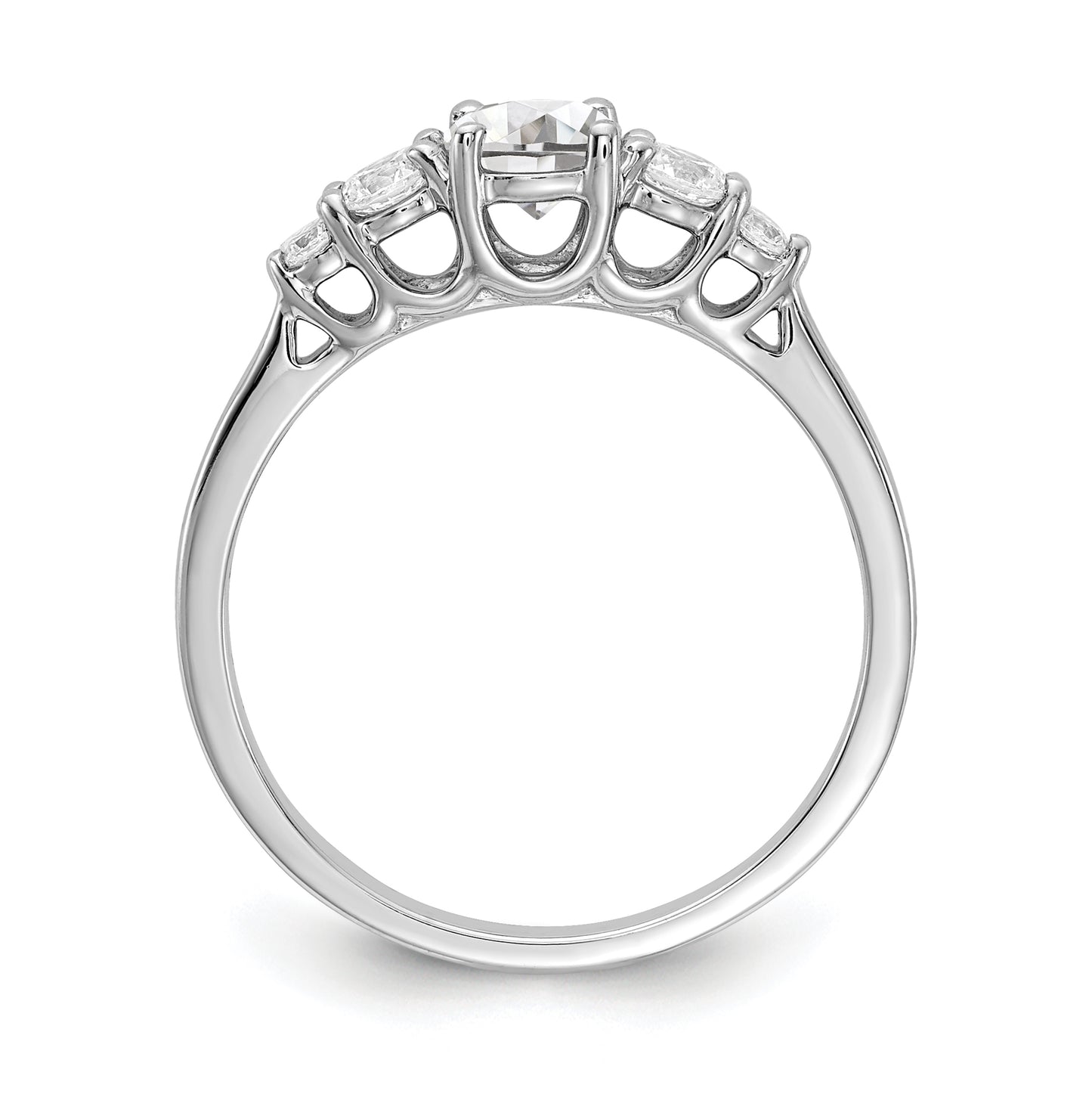14K White Gold 3-Stone Plus (Holds 1/2 carat (5.5mm) Round Center) 2-3.00mm and 2-2.00mm Round Side Diamonds Semi-Mount Engagement Ring