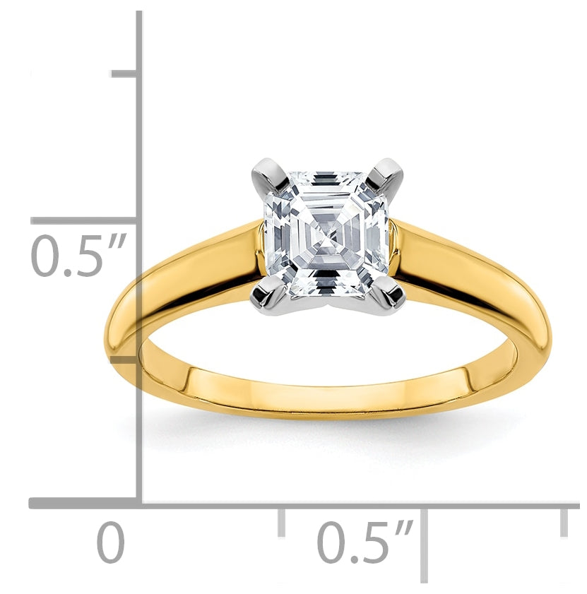14k Two Tone 6mm Asscher Cut True Light Moissanite Solitaire, Size 5