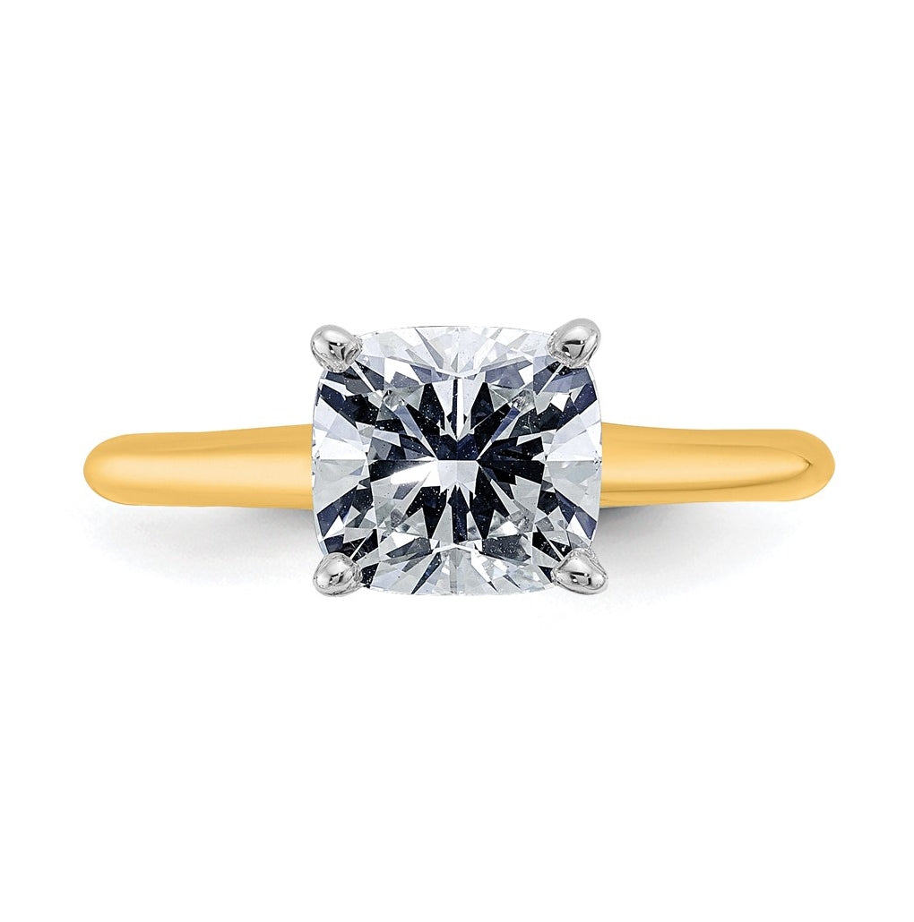 14k Two Tone 7.50mm Cushion Colorless Moissanite Solitaire Size 7