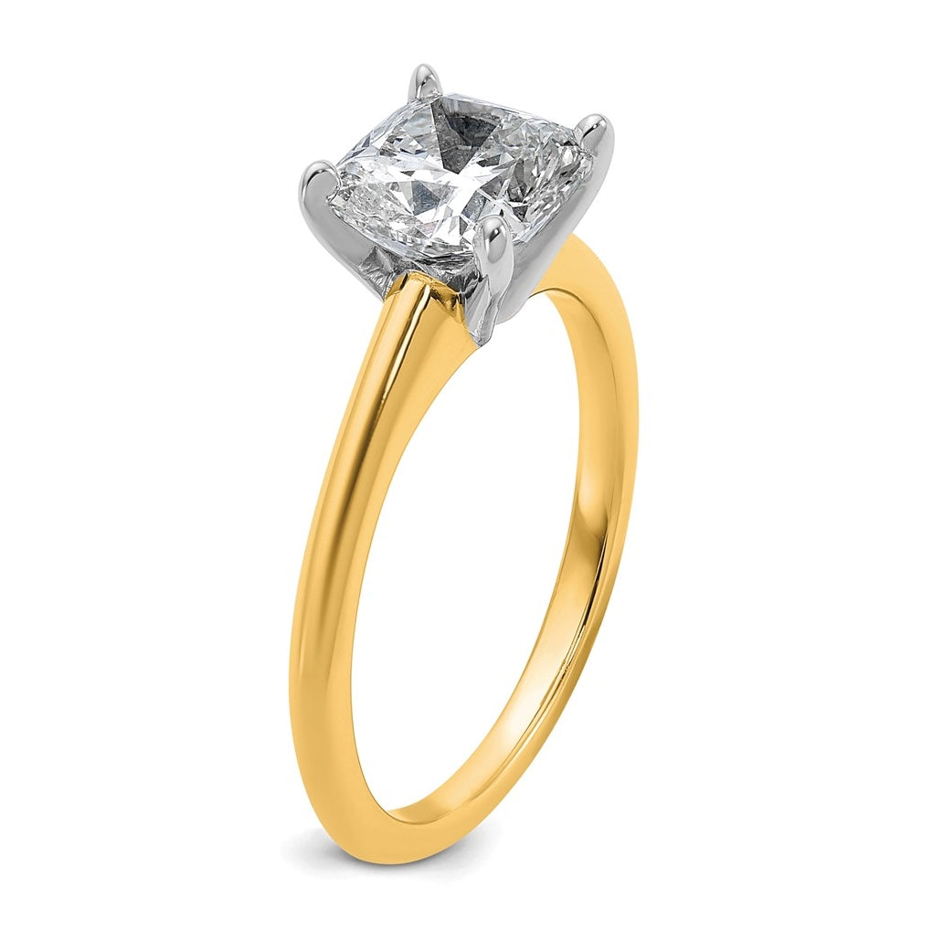 14k Two Tone 7.50mm Cushion Colorless Moissanite Solitaire Size 7