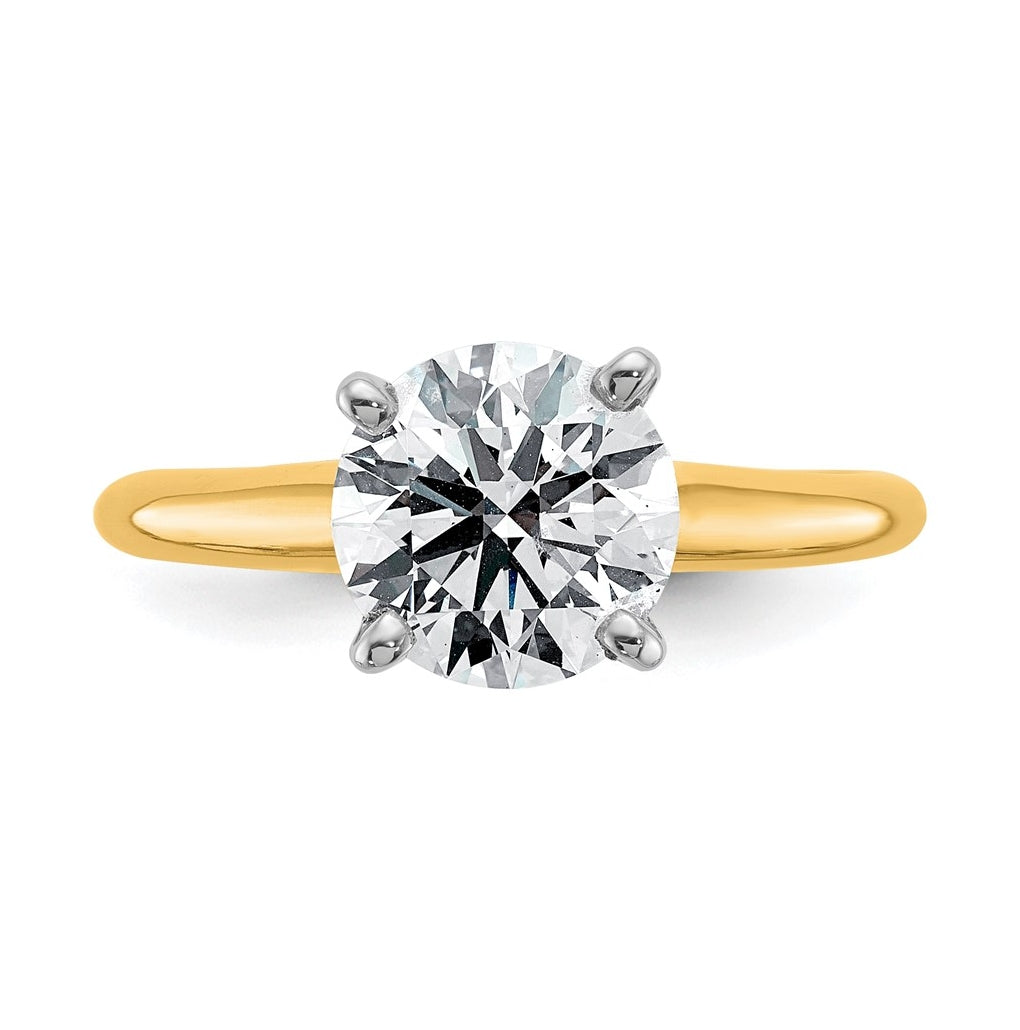 14k Two Tone 8mm Round Colorless Moissanite Solitaire Size 7