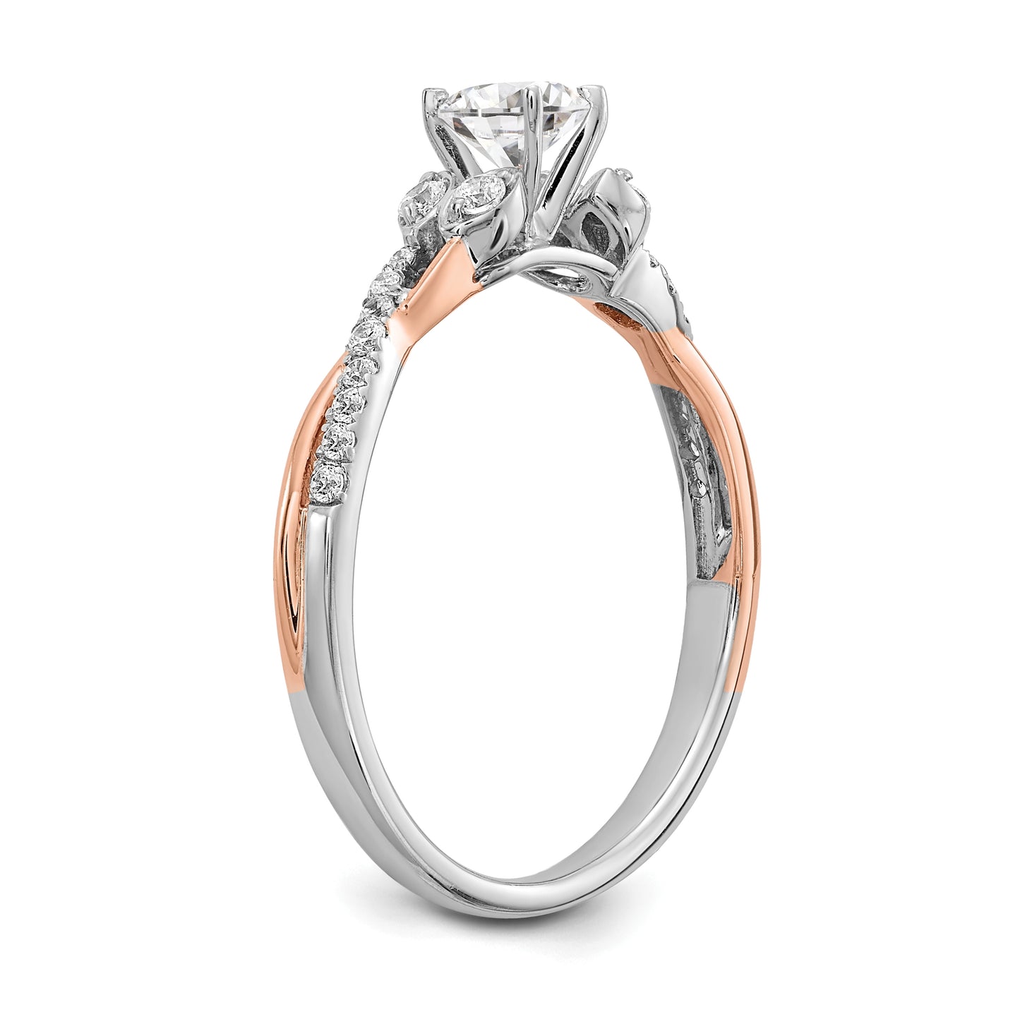 14k White and Rose Gold Criss-Cross (Holds 1/3 carat (4.5mm) Round Center) 1/6 carat Diamond Semi-mount Engagement Ring