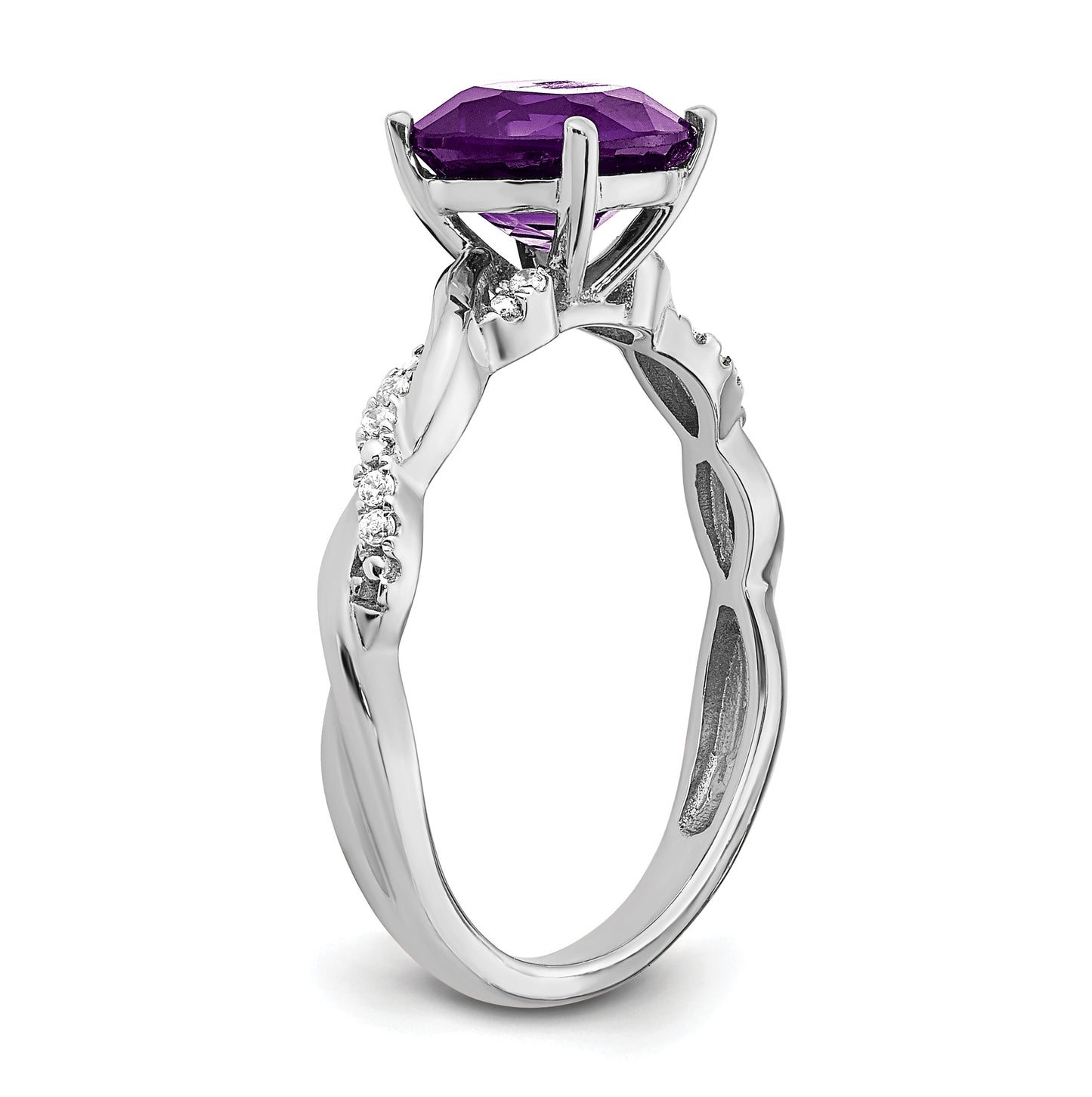 Sterling Silver Rhodium plated Amethyst & Diamond Ring, Size 8