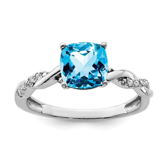 Sterling Silver Rhodium plated Blue Topaz & Diamond Ring, Size 7