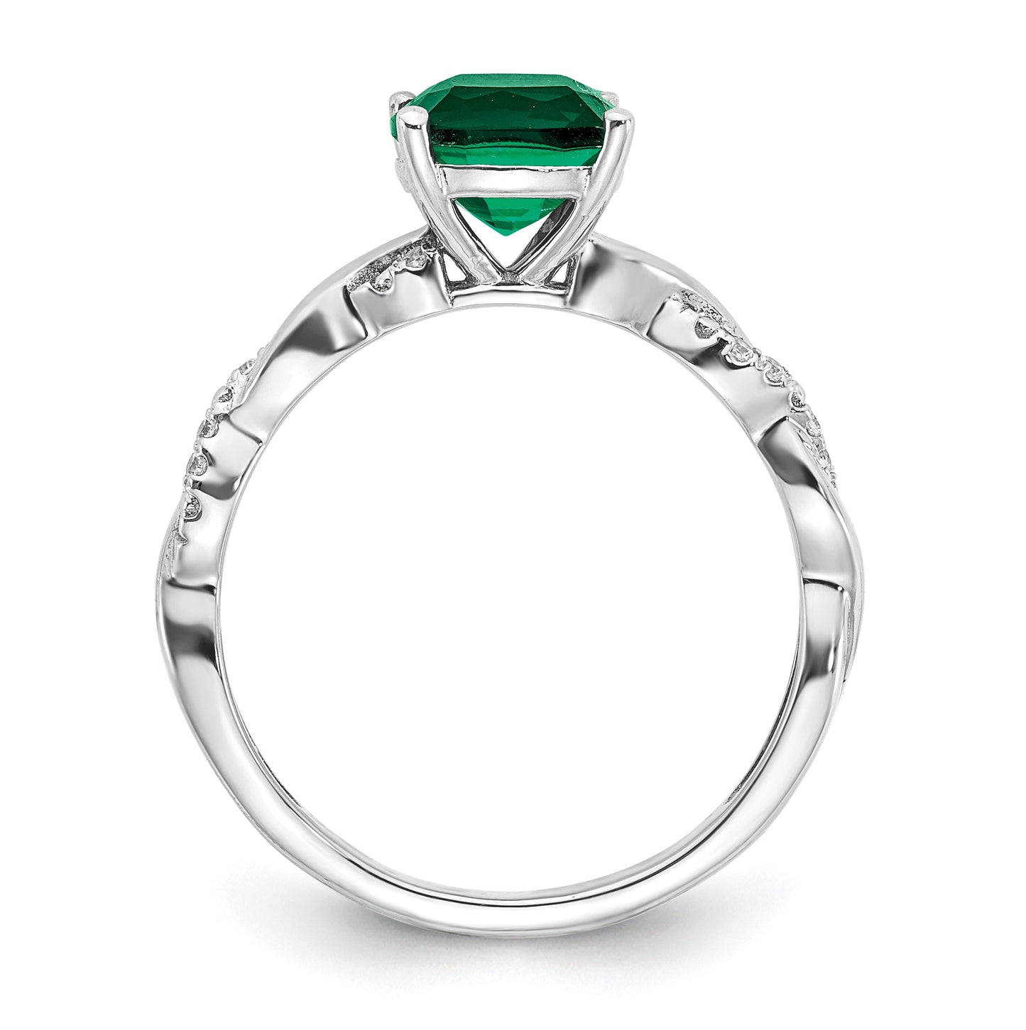Sterling Silver Rhodium plated Cr. Emerald and Diamond Ring, Size 8