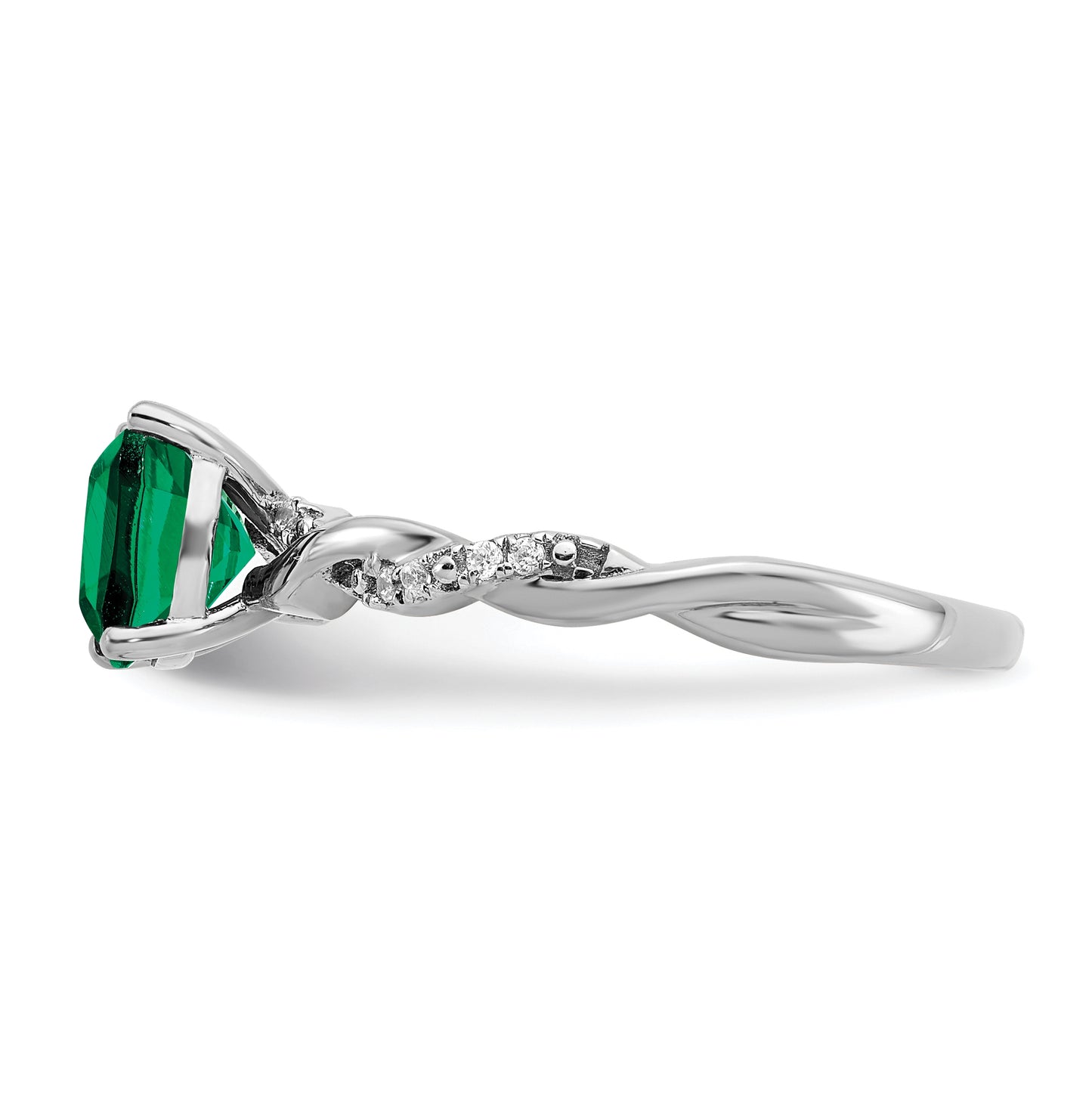 Sterling Silver Rhodium plated Cr. Emerald and Diamond Ring, Size 8