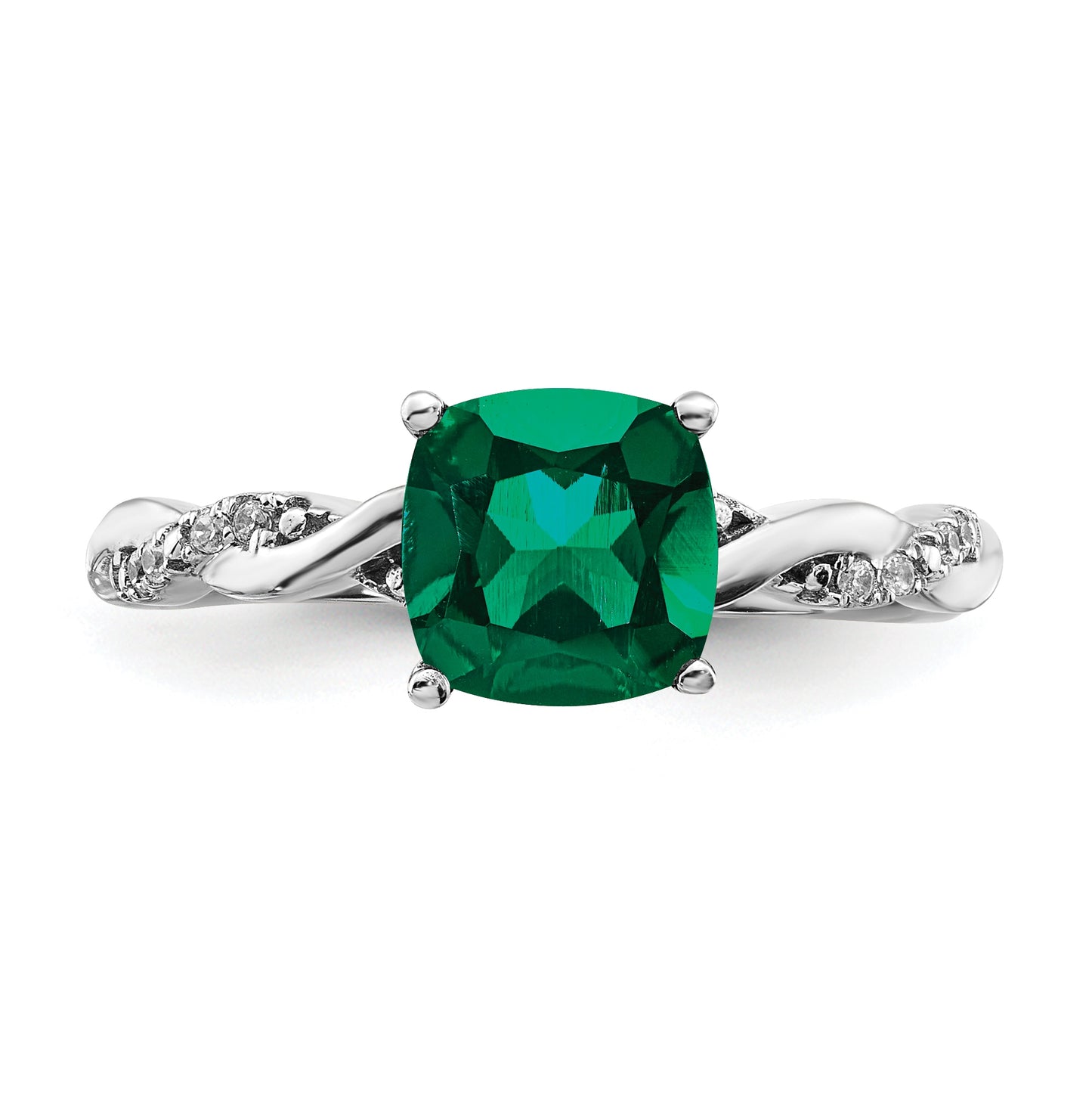 Sterling Silver Rhodium plated Cr. Emerald and Diamond Ring, Size 8