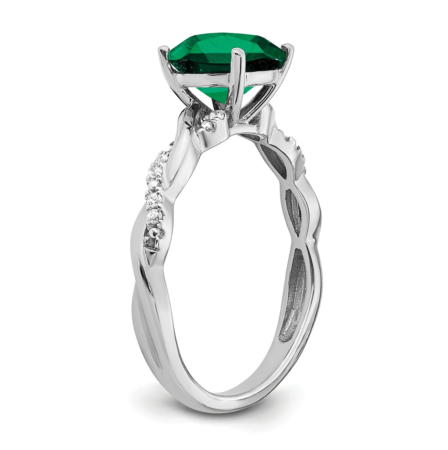 Sterling Silver Rhodium plated Cr. Emerald and Diamond Ring, Size 8