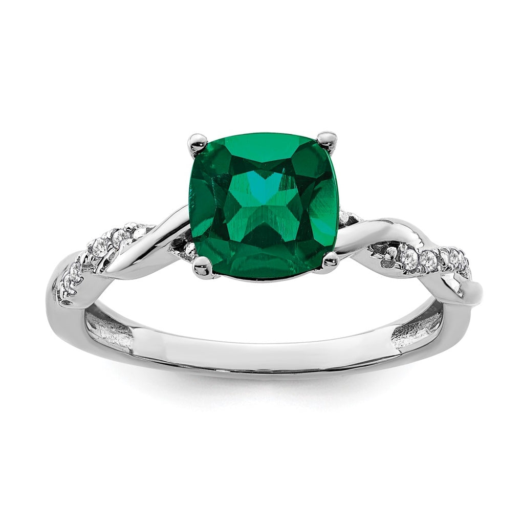 Sterling Silver Rhodium plated Cr. Emerald and Diamond Ring, Size 8