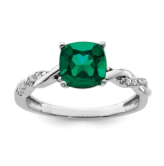Sterling Silver Rhodium plated Cr. Emerald and Diamond Ring, Size 8