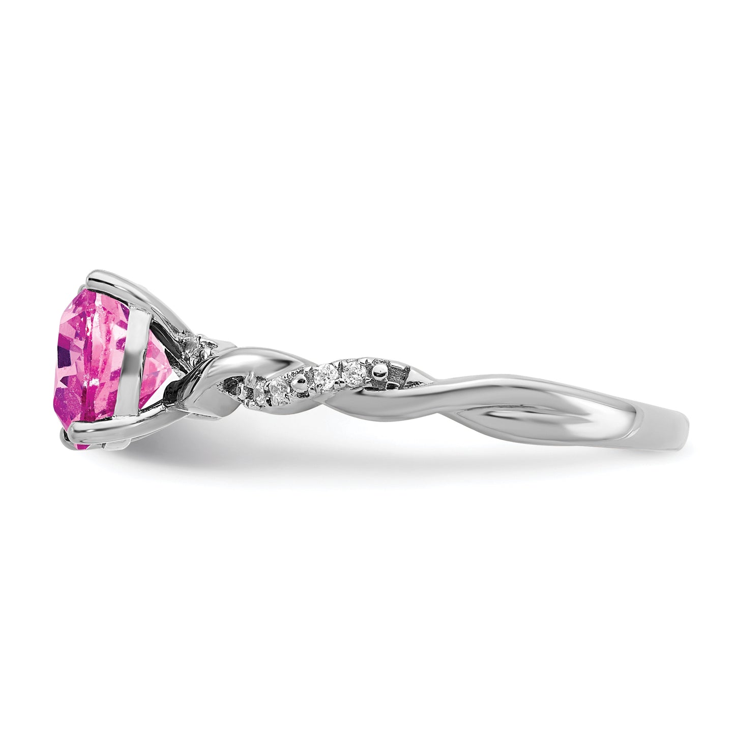 Sterling Silver Rhodium plated Created Pink-Sapphire and Diamond Ring, Size 7