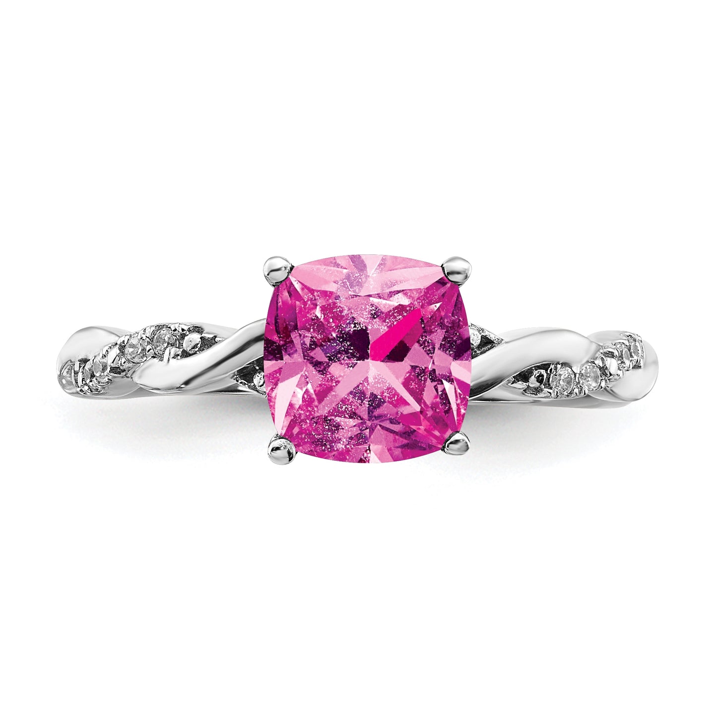 Sterling Silver Rhodium plated Created Pink-Sapphire and Diamond Ring, Size 6