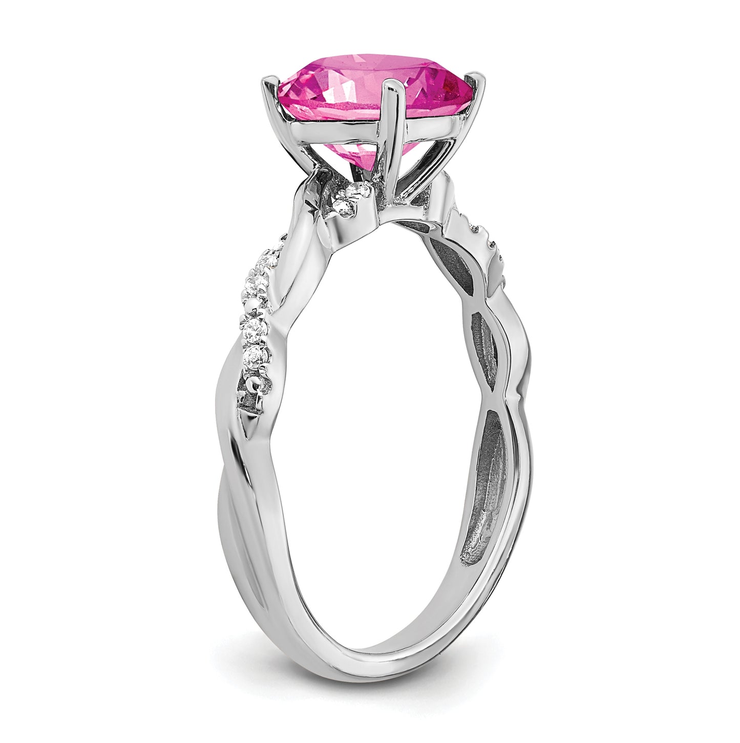 Sterling Silver Rhodium plated Created Pink-Sapphire and Diamond Ring, Size 6