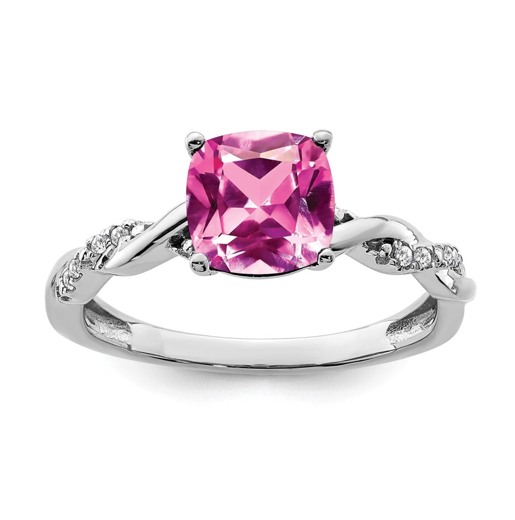 Sterling Silver Rhodium plated Created Pink-Sapphire and Diamond Ring, Size 6