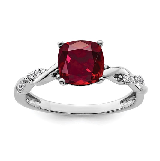 Sterling Silver Rhodium plated Cr. Ruby and Diamond Ring, Size 8