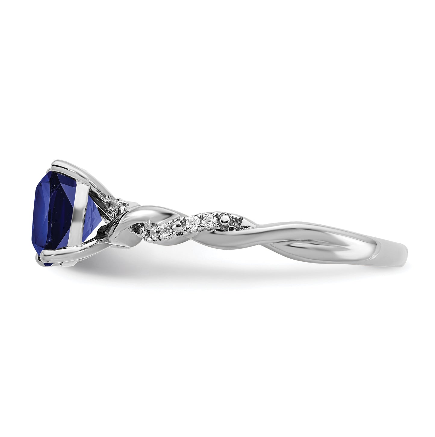 Sterling Silver Rhodium plated Cr. Sapphire and Diamond Ring, Size 8